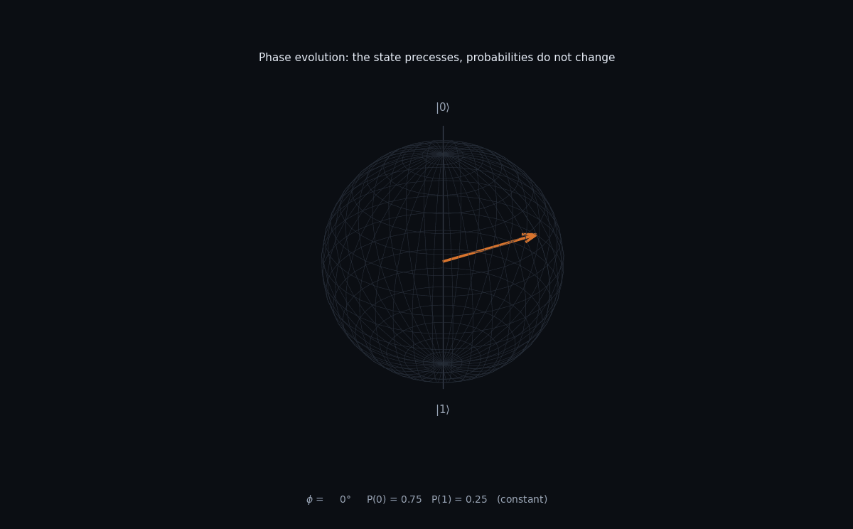 A Bloch vector rotating around the vertical axis at constant polar angle while measurement probabilities stay fixed