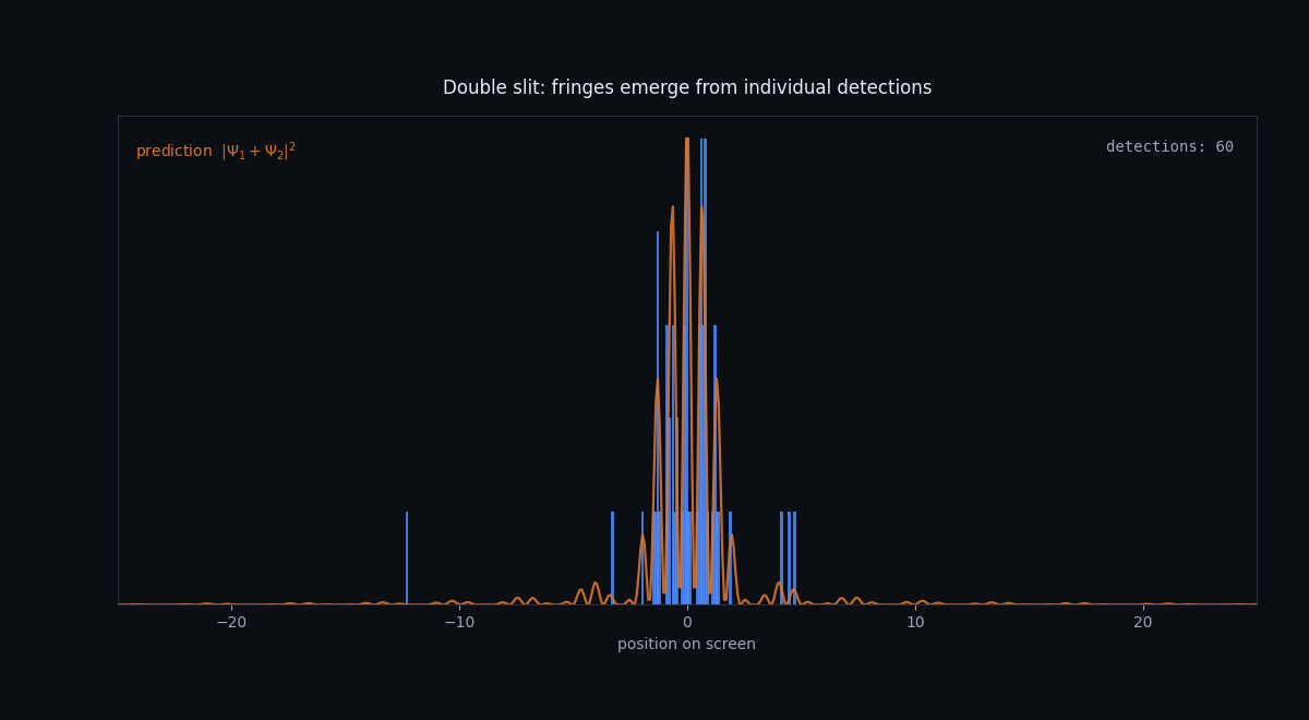 Individual particle detections accumulating on a screen until an interference fringe pattern emerges